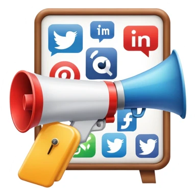 An icon featuring a megaphone, a billboard, and social media icons, symbolizing advertising and public relations. The design includes a press release and a rising graph, representing brand promotion and communication strategies. Transparent background highlights media influence and outreach. sticker