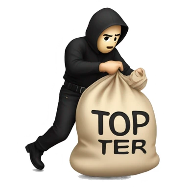 Thief wearing all black clothes actively stealing a beige money bag with the words Top Tier embroidered on it sticker