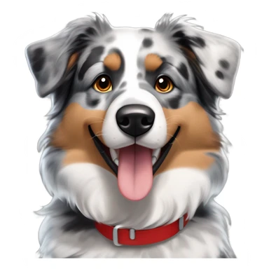 Blue merle Australian Shepherd with a mix of gray, black, and tan fur, tan eyebrows and cheeks, bright brown eyes, fluffy ears tipped in black, a big open smile, and a red collar with tags. Focus on tan accents and minimal white fur. sticker