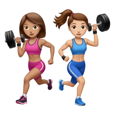 two women. the left one is running. the right one is lifting weights. they have brown hair, light skin, hazel eyes. sticker