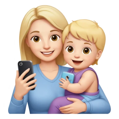 happy mother holding phone taking selfie with smiling baby sticker