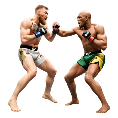 An MMA showdown between Conor McGregor and Anderson Silva in the octagon. McGregor is executing a jumping strike, while Silva skillfully deflects the attack. The background shows the UFC octagon with roaring fans and vibrant energy. Transparent background. sticker