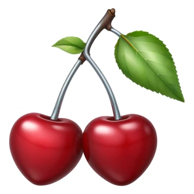 A pair of cherries emoji made of polished silver chrome, smooth rounded shapes, glossy metallic finish, soft highlights and reflections, cute proportions, iOS emoji style, centered, clean white background, no text sticker