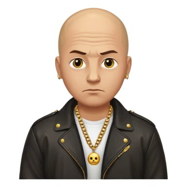 Bald Russian 1990s gangster emoji, leather jacket, gold chain, serious face sticker