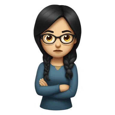 Angry scowling girl, long black hair, wearing glasses, with arms crossed over chest. sticker