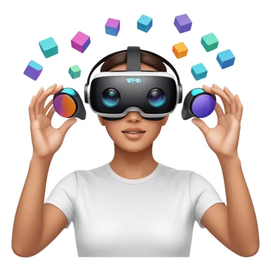 Create an emoji for the creation of VR/AR technology. Show a designer's hands holding a VR headset or AR glasses, with floating 3D models or virtual objects being manipulated in the air. Use modern, tech-inspired colors. Do not include any emojis or smiley faces. Make the background transparent. sticker