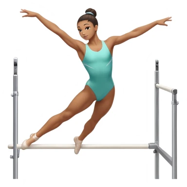 Professional gymnast performing a dynamic routine on parallel bars, captured mid-air in an elegant flip. The background features a well-lit gymnastics arena with a cheering audience. The athlete's posture and expression convey strength, control, and perfect coordination. sticker