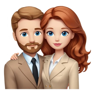 Barbie girl  , eyes blue , Chestnut red long wavy hair In pale beige clothes, Hugs a man with light brown hair Short hair , brown eyes , With a beard and a black suit sticker