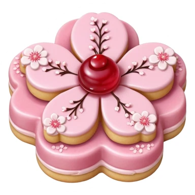 Realistic shortbread cookie in the shape of a cherry blossom with pale pink color jelly middle filling and sprinkled powder sugar on top. sticker