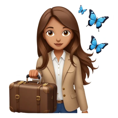 Girl with long brown hair with a suitcase, ready for travel, passport in hand and butterflies around her elegant sticker