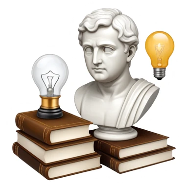 An icon featuring a classical bust, a book of philosophy, and a lightbulb, symbolizing the study of philosophy. The design includes an abstract symbol of thought and reasoning, representing deep intellectual inquiry and exploration of ideas. Transparent background sticker