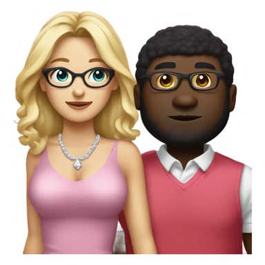 White blonde woman in a pink dress and diamond necklace standing next to emoji black man with glasses wearing red shirt glasses standing next to white eoman sticker
