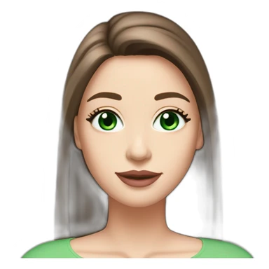 Long straight brown hair bright-emerald-green eyes medium-full dusty-pink lips oval face slightly arched eyebrows woman, slightly smiling close-lipped pale white skin sticker