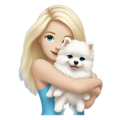 Blond girl white skin blue eyes hugging white Pomeranian with light pink bow sticker