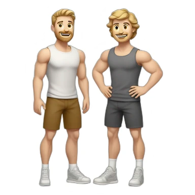 Full height Actively gesturing with hands Pale skinned Fit Man With the biceps and light brown hair with Bristle in dark gray Sleeveless Mike, brown oversize sports shorts and white Sneakers sticker