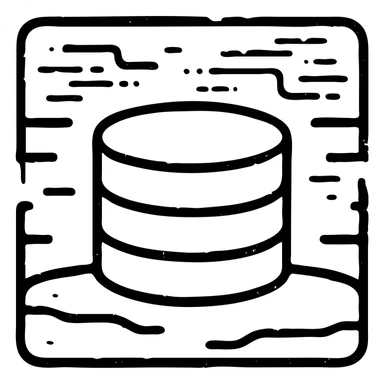 outlined icon of stacked database cylinders in a basement or underground setting with abstract data streams, worn and distressed effect, detailed icon sticker