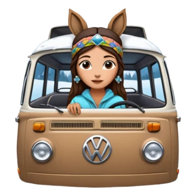 A parked VW bus painted white and black and filled with different 3d crystals and 3d crystals secured to roof surrounded by winter scenery with squirrels, birds, rabbits, wolves and a brunette hippie with headband is seated in the drivers seat sticker