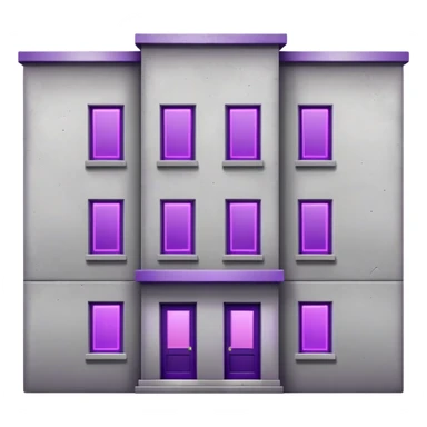 Small gray concrete apartment building with bright purple window glow, stark and simple sticker