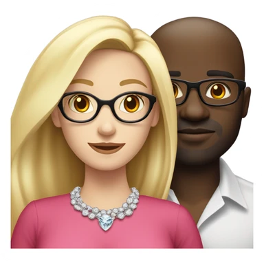 White blonde long hair woman with no glasses in a pink dress and diamond necklace standing next to emoji black man with glasses wearing red shirt glasses standing next to white eoman sticker