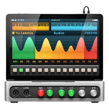 Close-up shot of a laptop screen clearly visible, showing a professional audio mixing interface focused on voice editing: audio level meters (VU meters) moving, voice waveform, volume faders, EQ panel, compressor, limiter, noise reduction, de-esser, gain controls sticker