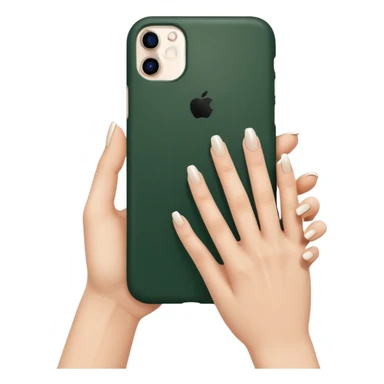 female hand with nude manicure (5 fingers) holding a white iPhone in a dark green case, minimalism, top view sticker