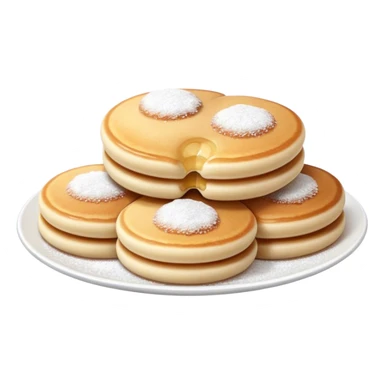 Cinematic Realistic Poffertjes Dessert Emoji, depicted as small, fluffy mini pancakes dusted with powdered sugar rendered with lifelike texture and warm, inviting lighting. sticker