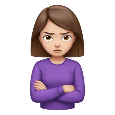 Angry Pouty girl with squinted eyes folding arms in a purple longsleeve shirt she has fair skin and brown hair sticker