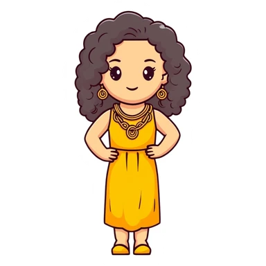 pretty Greek girl with big puffy long curly hair, gold statement earrings and necklace, cute modern dress sticker