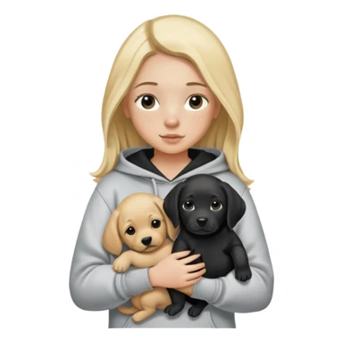 Blonde girl with smooth hair and a center part, light skin with freckles, wearing a hoodie and carrying a black baby labrador puppy in her arms sticker