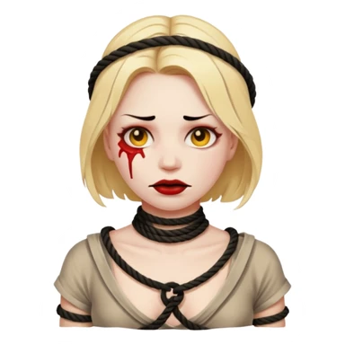 woman bound with rope around her chest, tortured face, emoji style sticker