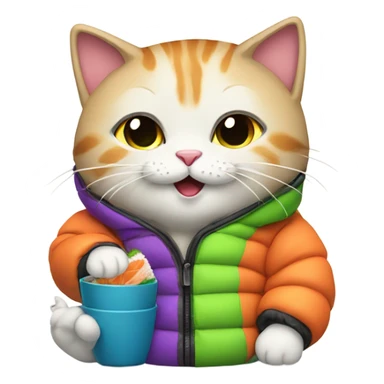 cat wearing a puffy jacket eating sushi sticker