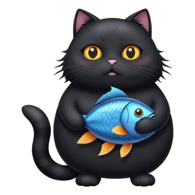 Fat black cat with fish  sticker