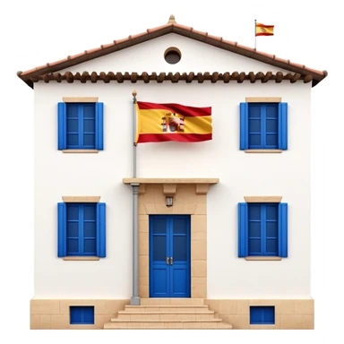 Andalusian-style Spanish house with white walls, blue windows, Spanish flag (red-yellow-red horizontal stripes) hanging from a small flag pole on the facade sticker