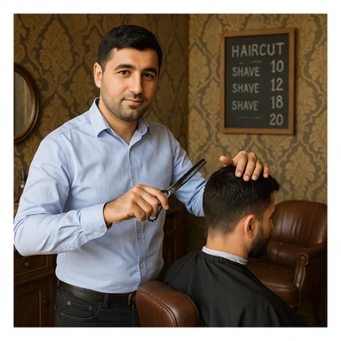 Draw me a picture of a barbershop that looks like this guy working in a barbershop. The barbershop doesn't have to be very modern. It should be on a medium floor. Also draw a blackboard on the wall. It should have the prices for haircuts there. sticker