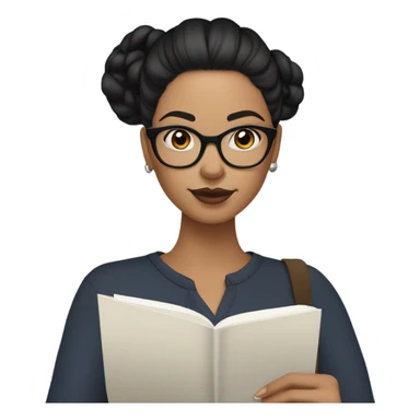 A woman with Black hair with a bun in the top of her head, she has glasses, she is writing a note on her notebook, we can see her pencil, she has white skin and skin tone lips sticker
