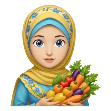 Turkish beautiful finish Konya girl blue eyes with floral yellow and lila hijabi dress and she had on her hand vegetables  sticker