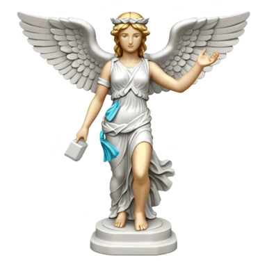 Winged Victory of Samothrace statue with plastẻ sticker