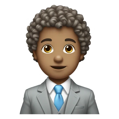 Little young  gentleman wearing a grey suit with white shirt and baby blue tie with blue eyes , white skin and brown  curly hair without grey hair and full body . Wearing a watch and greek sticker