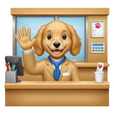 golden retriever receptionist emoji, waving paw, behind a counter, cheerful and welcoming sticker