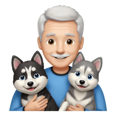A smiling 60 year old man with blue eyes and short light gray hair and no facial hair, holding a single black and white husky dog with floppy ears and white tuft eyebrows  sticker