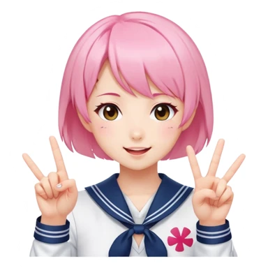Energetic anime girl with short pink hair wearing Japanese sailor style school uniform, winking and making double peace signs, very cheerful and bubbly, kawaii style sticker