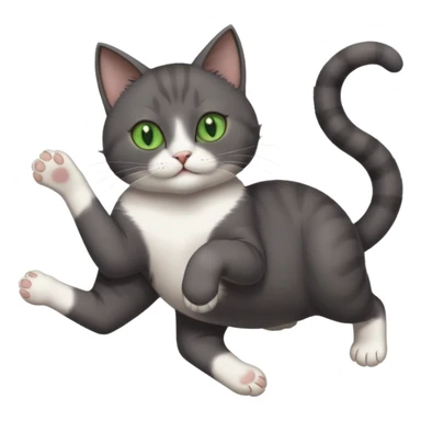 dark grey cat with green eyes, white toes/paws and white patch on her chest playfully rolling upside down sticker