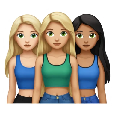 Three women, one with light skin with dark blonde long hair with green eyes, light skin black long hair with brown eyes and light skin long blonde hair with blue eyes wearing crop tops sticker