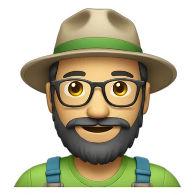 full body of an happy gardener face long dark beard and short dark hair with little transparent glasses and a hat sticker