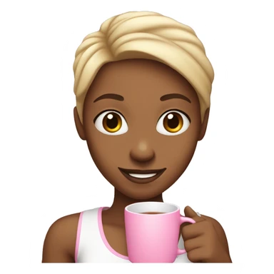 Light skin girl smiling , wearing a white tank top and holding a pink mug with tea in it  sticker