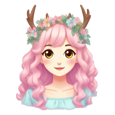 Gorgeous Shiny Colorful Pastel Anime Style Mature Lady with blushing face and pretty hair with a flower crown and antlers pastelcore kawaii cottagecore fairycore aesthetic trending style sticker