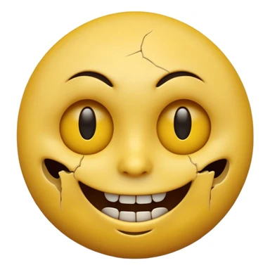A horror-style emoji face, round yellow emoji shape, distorted facial expression, dark hollow eyes, creepy smile, cracked surface, unsettling mood, high detail, 3D render
 sticker