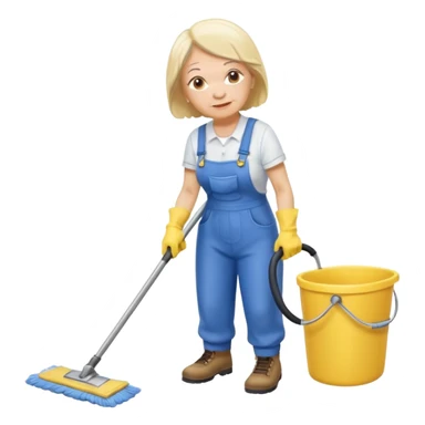 old women, Custodian with yellow rubber gloves, white T-shirt, blue overalls, mopping floor sticker