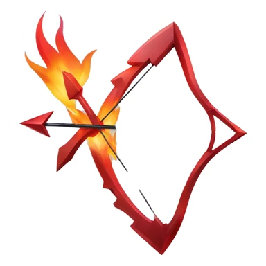 Bow with arrow sculpture symbolizing sagittarius with a geometric, faceted design. The symbol is standing upright with angular and disney features. The vibrant red flame colors highlights the sharp edges and planes. sticker