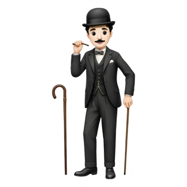 Charlie Chaplin with bowler hat, small mustache, suit, cane, and classic pose sticker